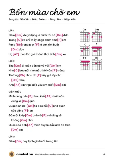 Hợp âm Bốn mùa chờ em (Văn Vũ) – bản nhạc PDF trang 1, tông Dm