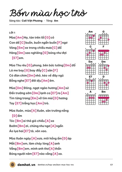 Hợp âm Bốn mùa học trò (Lệ Hồng) – bản nhạc PDF trang 1, tông Am