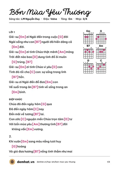 Hợp âm Bốn Mùa Yêu Thương (Ca Đoàn) – bản nhạc PDF trang 1, tông Em