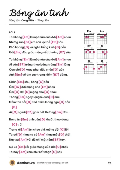 Hợp âm Bóng ân tình (Như Ngọc) – bản nhạc PDF trang 1, tông Em