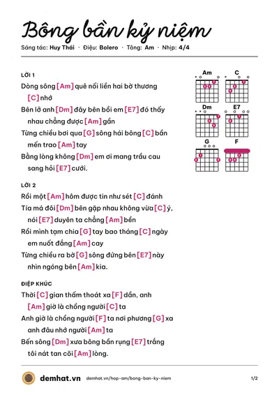 Hợp âm Bông bần kỷ niệm (Diễm Trang) – bản nhạc PDF trang 1, tông Am