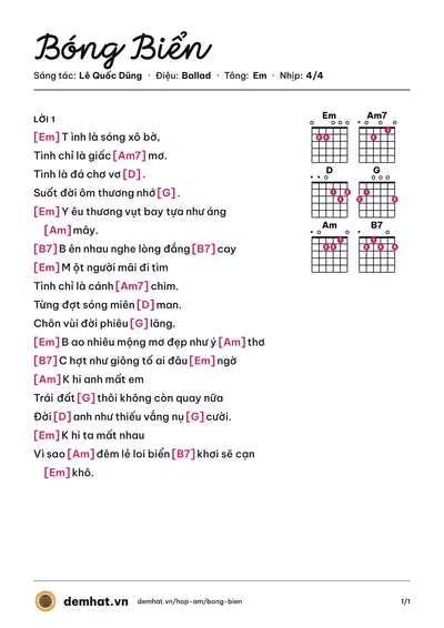 Hợp âm Bóng Biển (Đan Trường) – bản nhạc PDF trang 1, tông Em