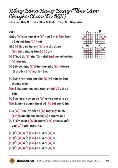 Hợp âm Bống Bống Bang Bang (Tấm Cám Chuyện Chưa Kể OST) (356Daband) – bản nhạc PDF trang 1, tông G