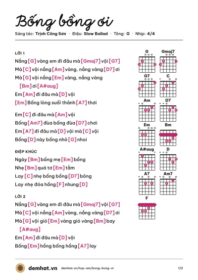 Hợp âm Bống bồng ơi (Hồng Nhung) – bản nhạc PDF trang 1, tông G