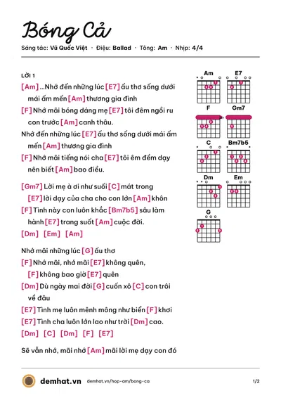 Hợp âm Bóng Cả (Mây Trắng) – bản nhạc PDF trang 1, tông Am