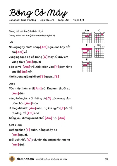 Hợp âm Bông Cỏ Mây (Trường Vũ) – bản nhạc PDF trang 1, tông Am
