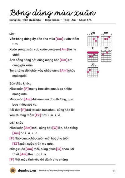 Hợp âm Bóng dáng mùa xuân (Trương Đan Huy) – bản nhạc PDF trang 1, tông Am