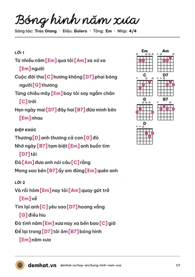 Hợp âm Bóng hình năm xưa (Băng Tâm) – bản nhạc PDF trang 1, tông Em