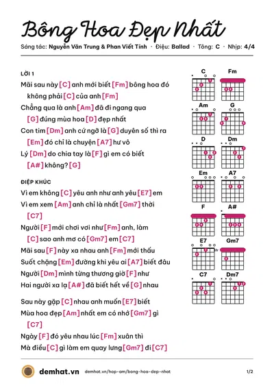 Hợp âm Bông Hoa Đẹp Nhất (Quân A.P) – bản nhạc PDF trang 1, tông C