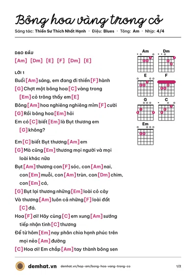 Hợp âm Bông hoa vàng trong cỏ (Thiền Sư Thích Nhất Hạnh) – bản nhạc PDF trang 1, tông Am