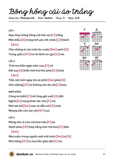 Hợp âm Bông hồng cài áo trắng (Thanh Lan (trước 75)) – bản nhạc PDF trang 1, tông C