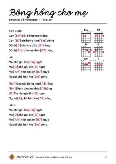 Hợp âm Bông hồng cho mẹ (Diệu Hiền) – bản nhạc PDF trang 1, tông Em