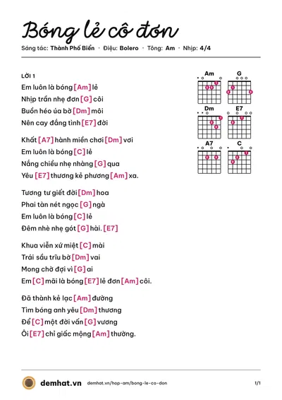 Hợp âm Bóng lẻ cô đơn (Kim Linh) – bản nhạc PDF trang 1, tông Am