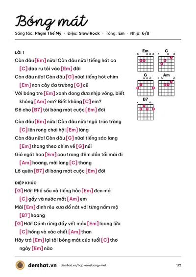 Hợp âm Bóng mát (Phạm Thế Mỹ) – bản nhạc PDF trang 1, tông Em