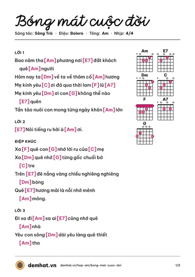 Hợp âm Bóng mát cuộc đời (Huỳnh Thật) – bản nhạc PDF trang 1, tông Am