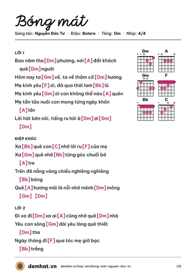 Hợp âm Bóng mát (Nguyễn Đức Tư) – bản nhạc PDF trang 1, tông Dm
