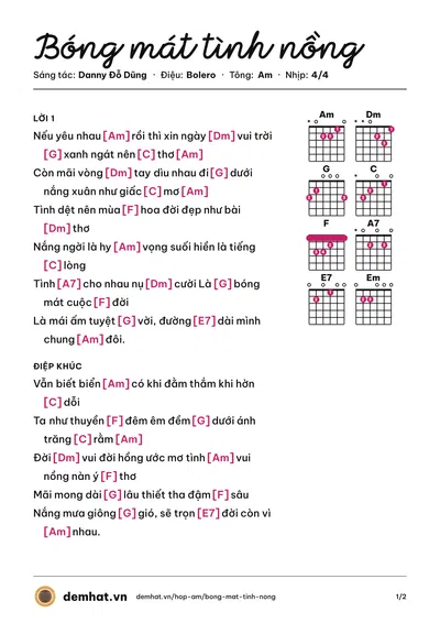 Hợp âm Bóng mát tình nồng (Bảo Nguyên) – bản nhạc PDF trang 1, tông Am