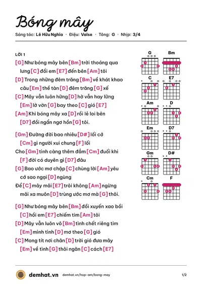 Hợp âm Bóng mây (Quang Châu) – bản nhạc PDF trang 1, tông G