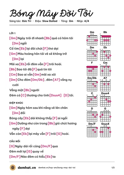 Hợp âm Bóng Mây Đời Tôi (Uyên Linh) – bản nhạc PDF trang 1, tông Gm