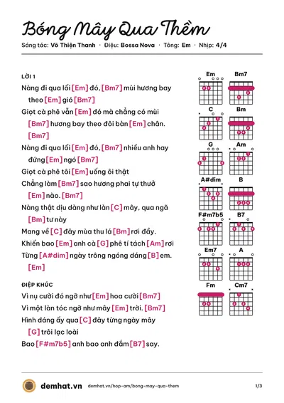 Hợp âm Bóng Mây Qua Thềm (Thu Minh) – bản nhạc PDF trang 1, tông Em
