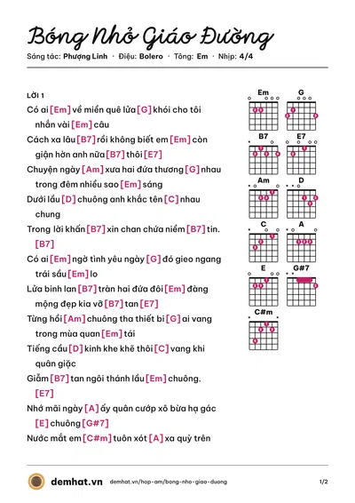 Hợp âm Bóng Nhỏ Giáo Đường (Đặng Thế Luân) – bản nhạc PDF trang 1, tông Em