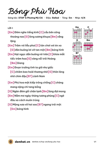 Hợp âm Bóng Phù Hoa (Phương Mỹ Chi) – bản nhạc PDF trang 1, tông Em