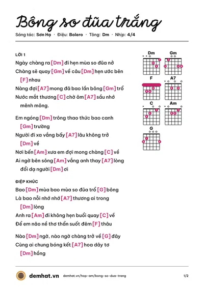 Hợp âm Bông so đũa trắng (Lý Diệu Linh) – bản nhạc PDF trang 1, tông Dm