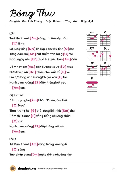 Hợp âm Bóng Thu (Huy Tâm) – bản nhạc PDF trang 1, tông Am