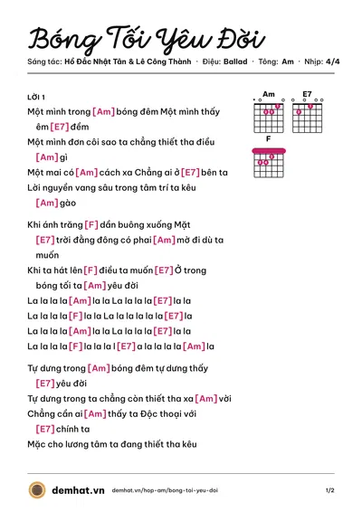 Hợp âm Bóng Tối Yêu Đời (Lyhan) – bản nhạc PDF trang 1, tông Am