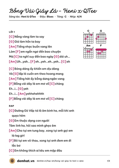 Hợp âm Bỗng Vài Giây Là - Heni x QTee (Heni) – bản nhạc PDF trang 1, tông C