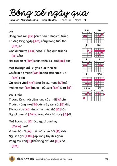 Hợp âm Bóng xế ngày qua (Nguyên Lương) – bản nhạc PDF trang 1, tông Em