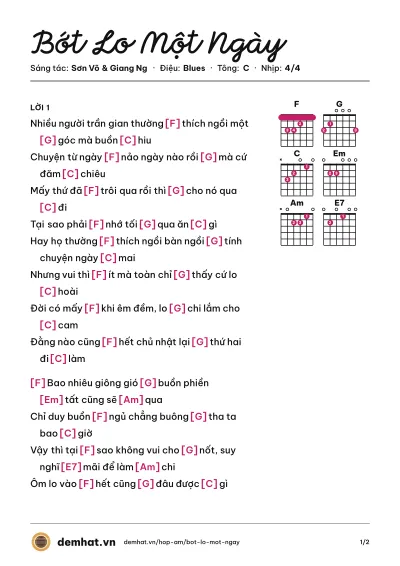 Hợp âm Bớt Lo Một Ngày (Kelly) – bản nhạc PDF trang 1, tông C