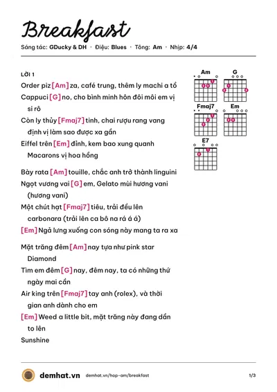 Hợp âm Breakfast (GDucky) – bản nhạc PDF trang 1, tông Am