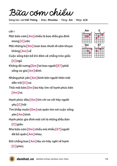 Hợp âm Bữa cơm chiều (Khánh Hoàng) – bản nhạc PDF trang 1, tông Am