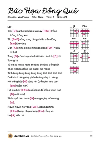 Hợp âm Bức Họa Đồng Quê (Ánh Tuyết) – bản nhạc PDF trang 1, tông D