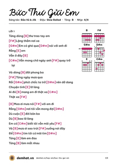 Hợp âm Bức Thư Gửi Em (Bảo Vũ) – bản nhạc PDF trang 1, tông B