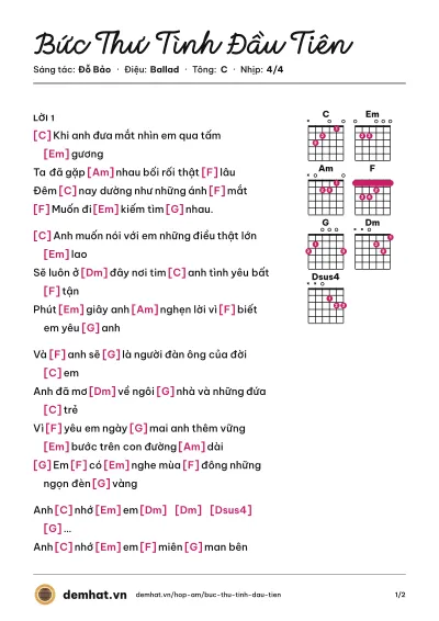 Hợp âm Bức Thư Tình Đầu Tiên (Tấn Minh) – bản nhạc PDF trang 1, tông C