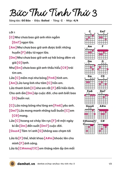 Hợp âm Bức Thư Tình Thứ 3 (Tấn Minh) – bản nhạc PDF trang 1, tông C