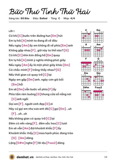 Hợp âm Bức Thư Tình Thứ Hai (Hồ Quỳnh Hương) – bản nhạc PDF trang 1, tông C