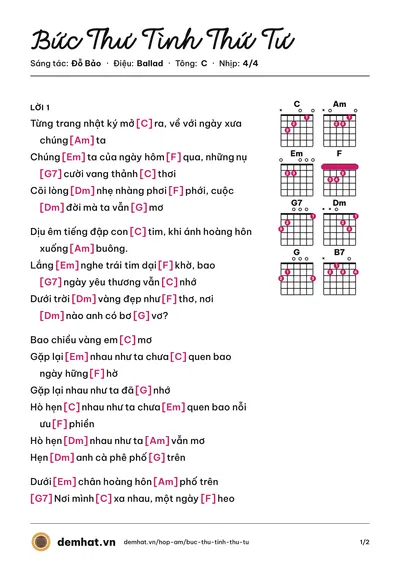 Hợp âm Bức Thư Tình Thứ Tư (Hồ Quỳnh Hương) – bản nhạc PDF trang 1, tông C