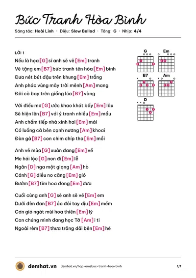Hợp âm Bức Tranh Hòa Bình (Thái Châu) – bản nhạc PDF trang 1, tông G