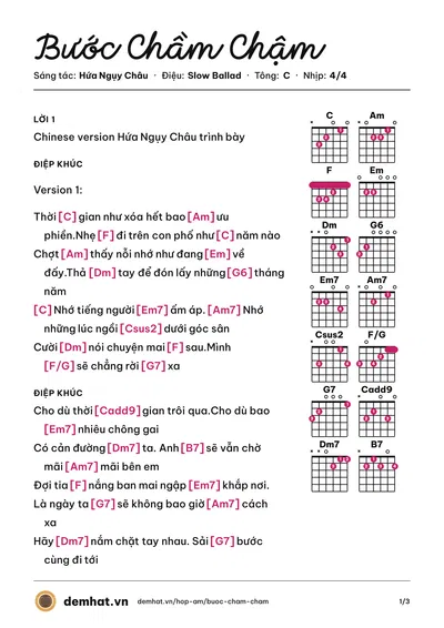 Hợp âm Bước Chầm Chậm (Hứa Ngụy Châu) – bản nhạc PDF trang 1, tông C