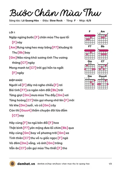 Hợp âm Bước Chân Mùa Thu (Lê Quang Hào) – bản nhạc PDF trang 1, tông F