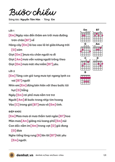 Hợp âm Bước chiều (Nguyễn Tâm Hàn) – bản nhạc PDF trang 1, tông Em