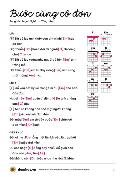 Hợp âm Bước cùng cô đơn (Lưu Gia Tài) – bản nhạc PDF trang 1, tông Am