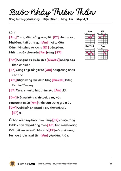 Hợp âm Bước Nhảy Thiên Thần (Đoan Trang) – bản nhạc PDF trang 1, tông Am