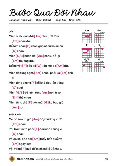 Hợp âm Bước Qua Đời Nhau (Lê Bảo Bình) – bản nhạc PDF trang 1, tông Am