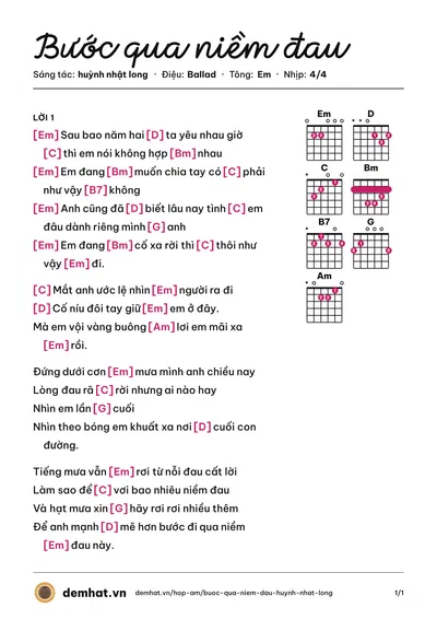 Hợp âm Bước qua niềm đau (Nhật Tinh Anh) – bản nhạc PDF trang 1, tông Em