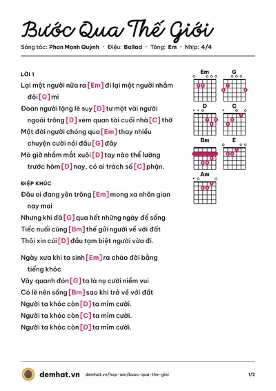 Hợp âm Bước Qua Thế Giới (Ưng Hoàng Phúc) – bản nhạc PDF trang 1, tông Em