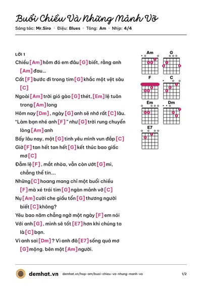 Hợp âm Buổi Chiều Và Những Mảnh Vỡ (Ông Cao Thắng) – bản nhạc PDF trang 1, tông Am